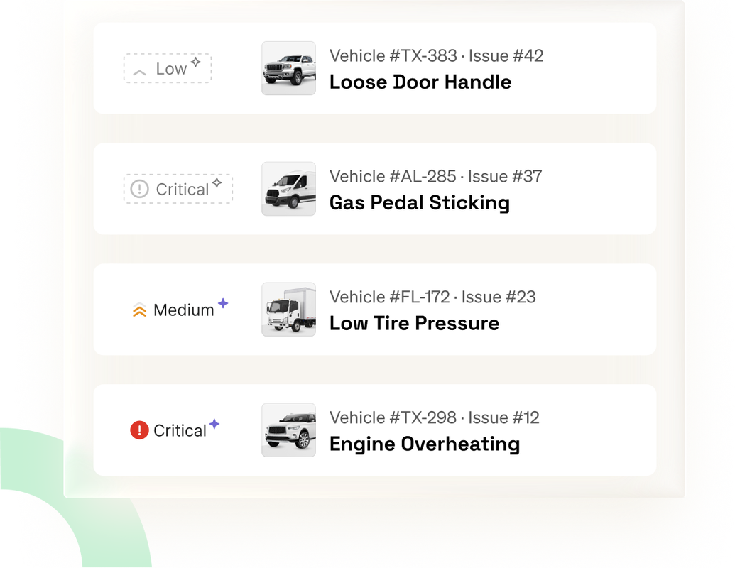 List of work orders in Fleetio showing AI-assigned priority ratings of low, medium, and critical for each work order