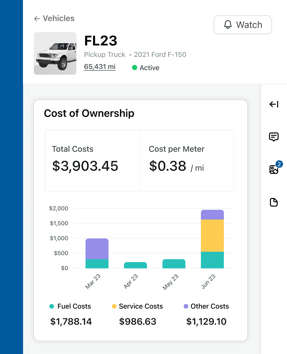 Example of viewing an asset's TCO (total cost of ownership) in Fleetio.