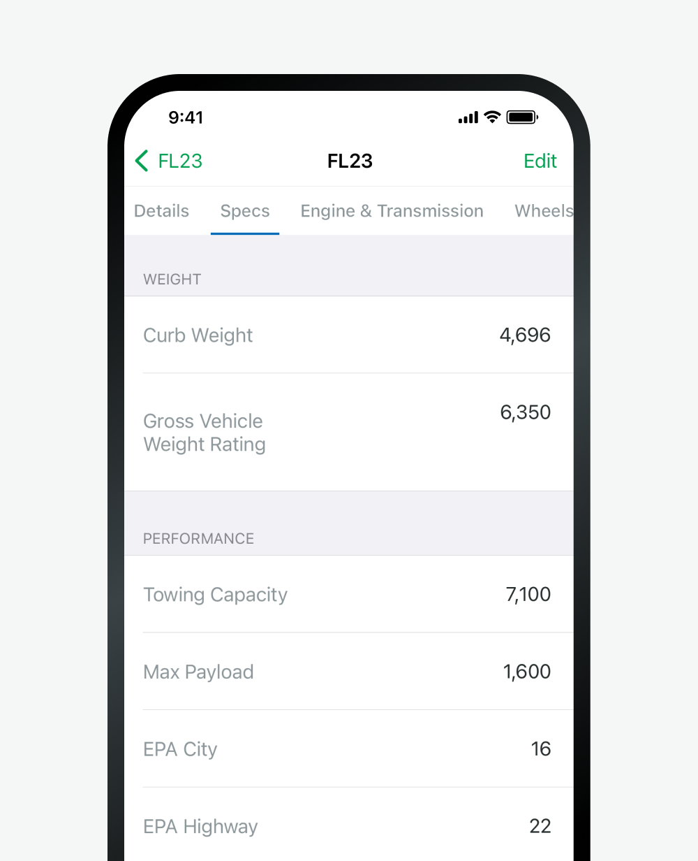 Example of vehicle specs using Fleetio's mobile app