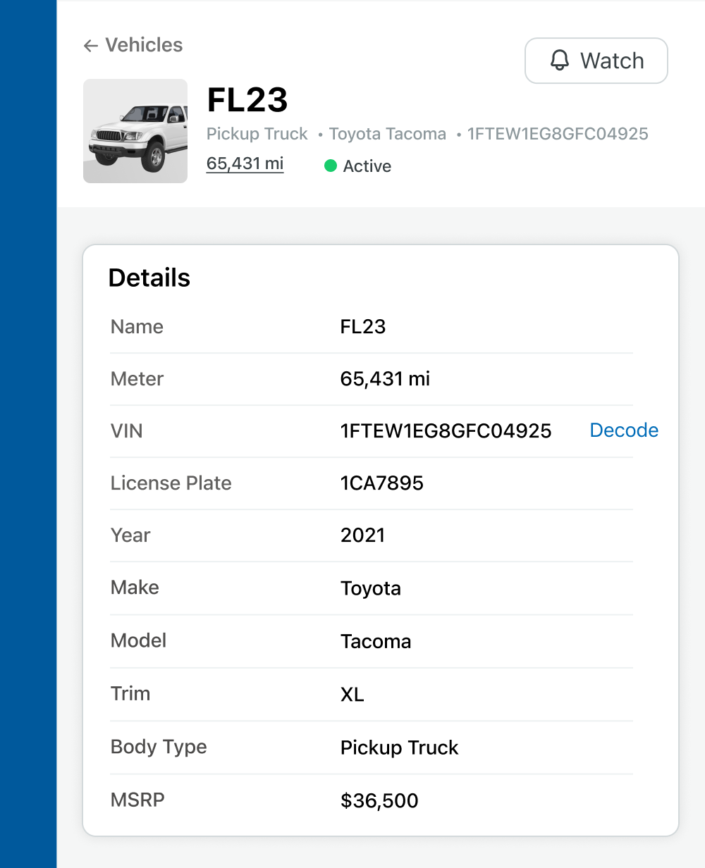 Example of vehicle specs in Fleetio