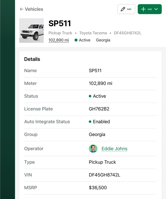 Example of viewing an vehicle details in Fleetio.