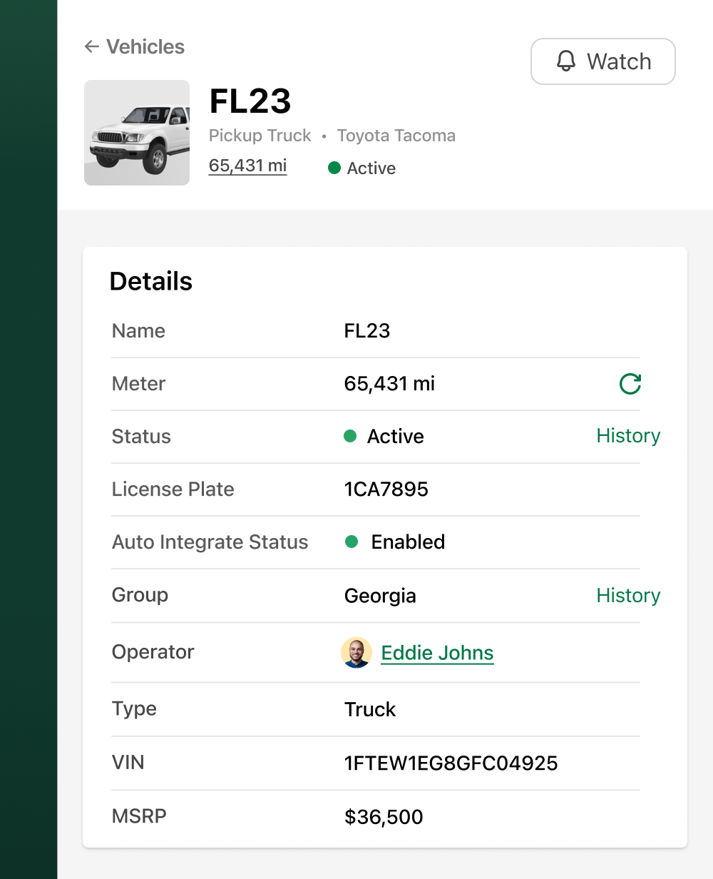 Example of viewing an vehicle details in Fleetio.