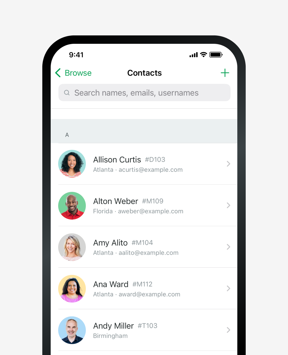 Example of a list of contacts in Fleetio Go.