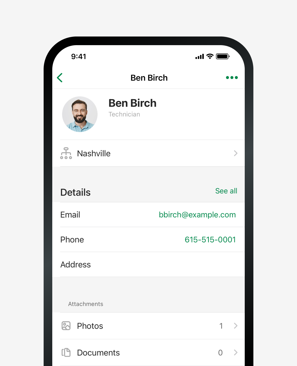 Example of a contact in Fleetio Go.