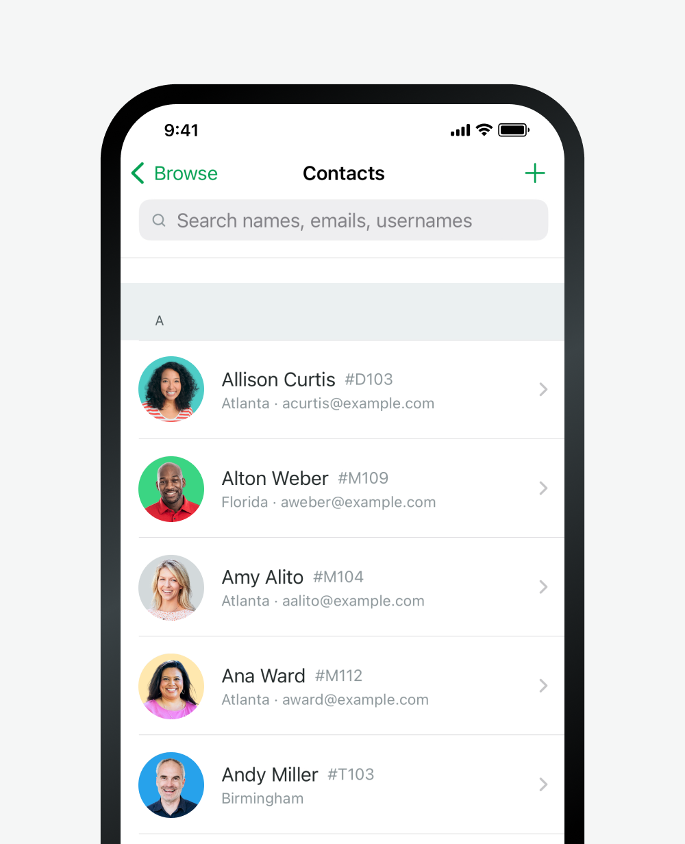 Example of a list of contacts in Fleetio Go.