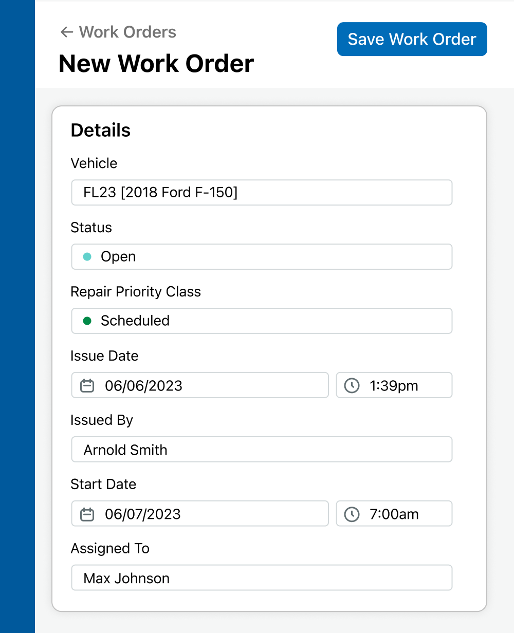 Creating a new work order in Fleetio's fleet management software