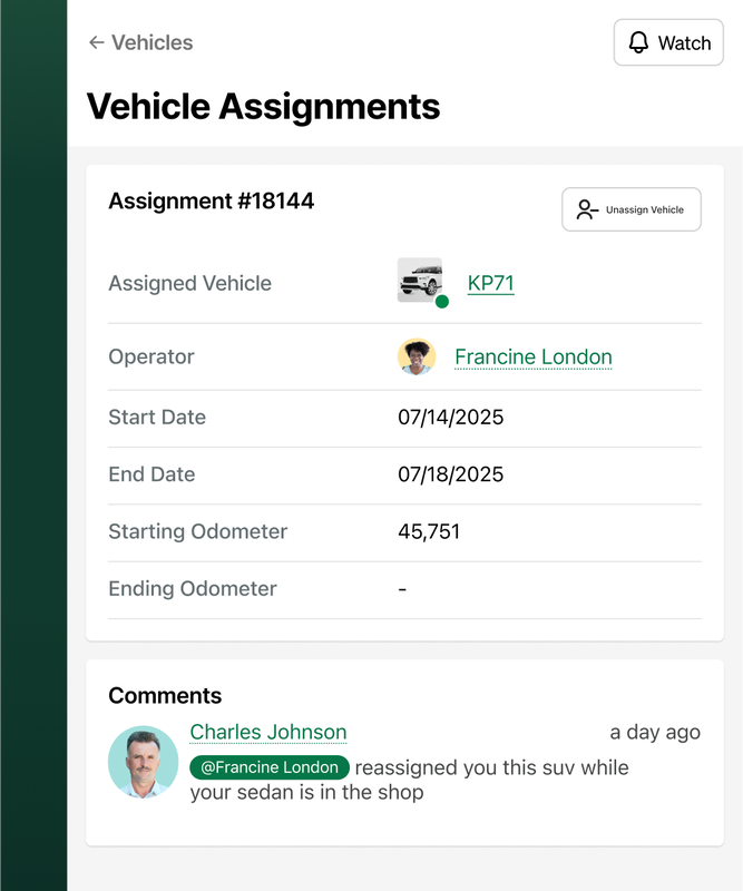 Example of a vehicle assignment in Fleetio