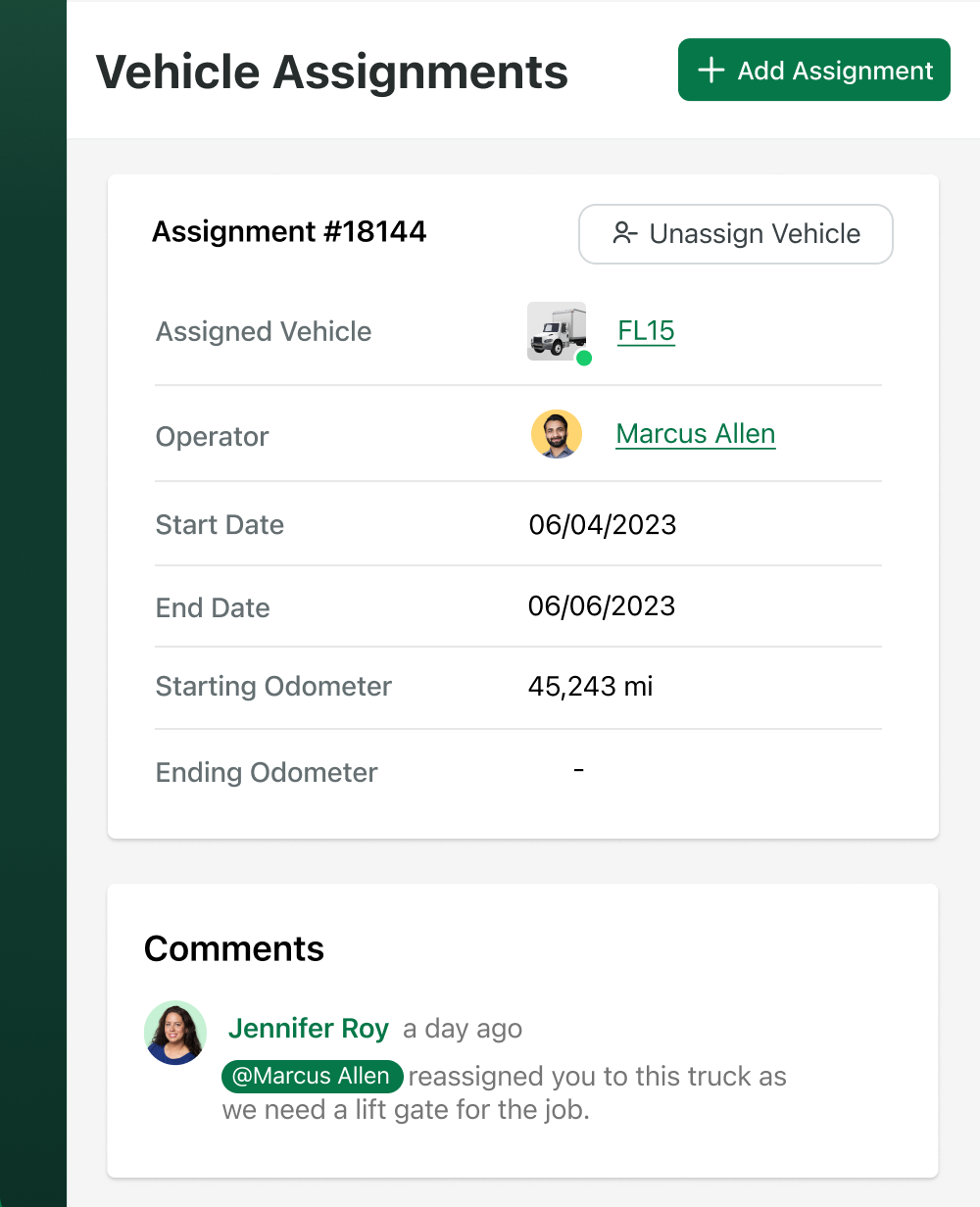 Example of a vehicle assignment in Fleetio