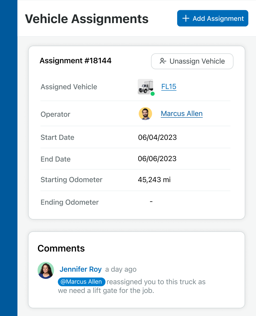 Example of a vehicle assignment in Fleetio