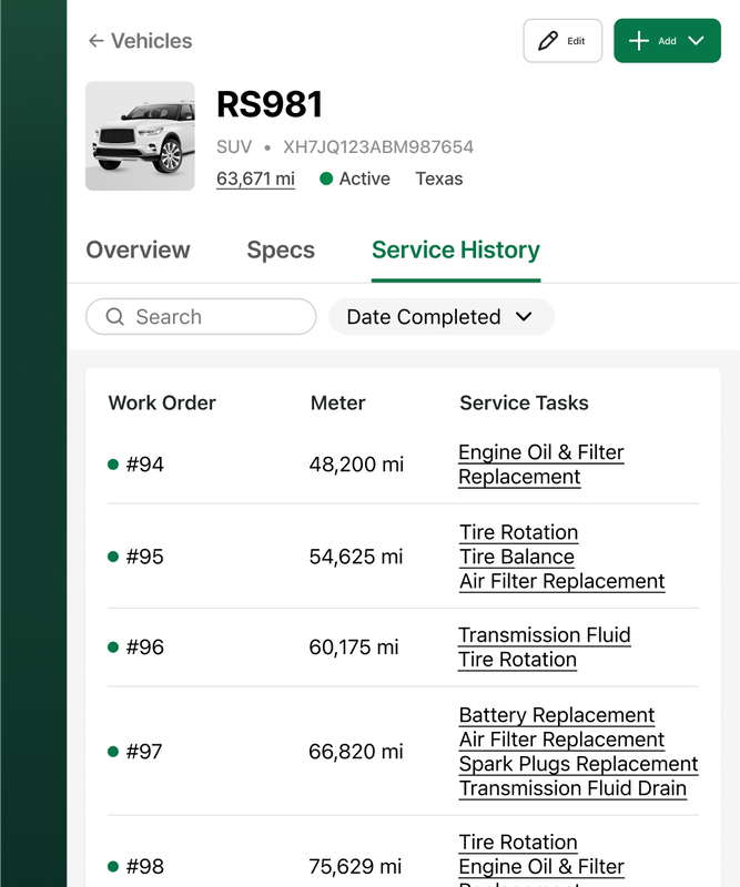 Example of the Service History list for a vehicle in Fleetio