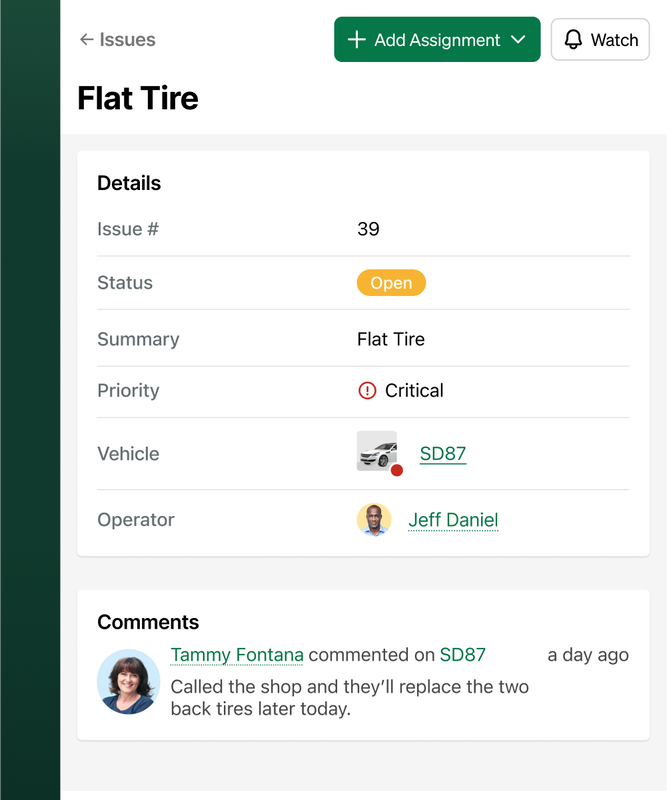 Example of a vehicle issue in Fleetio