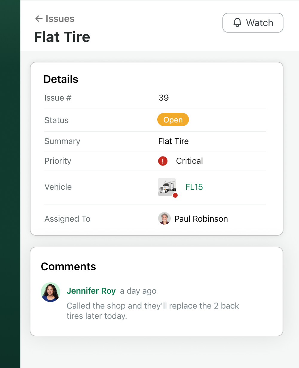 Example of a vehicle issue in Fleetio