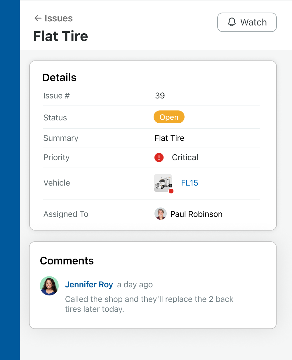 Example of a vehicle issue in Fleetio
