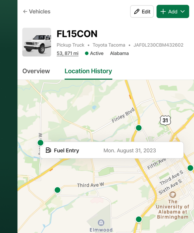 Example of a location history in Fleetio