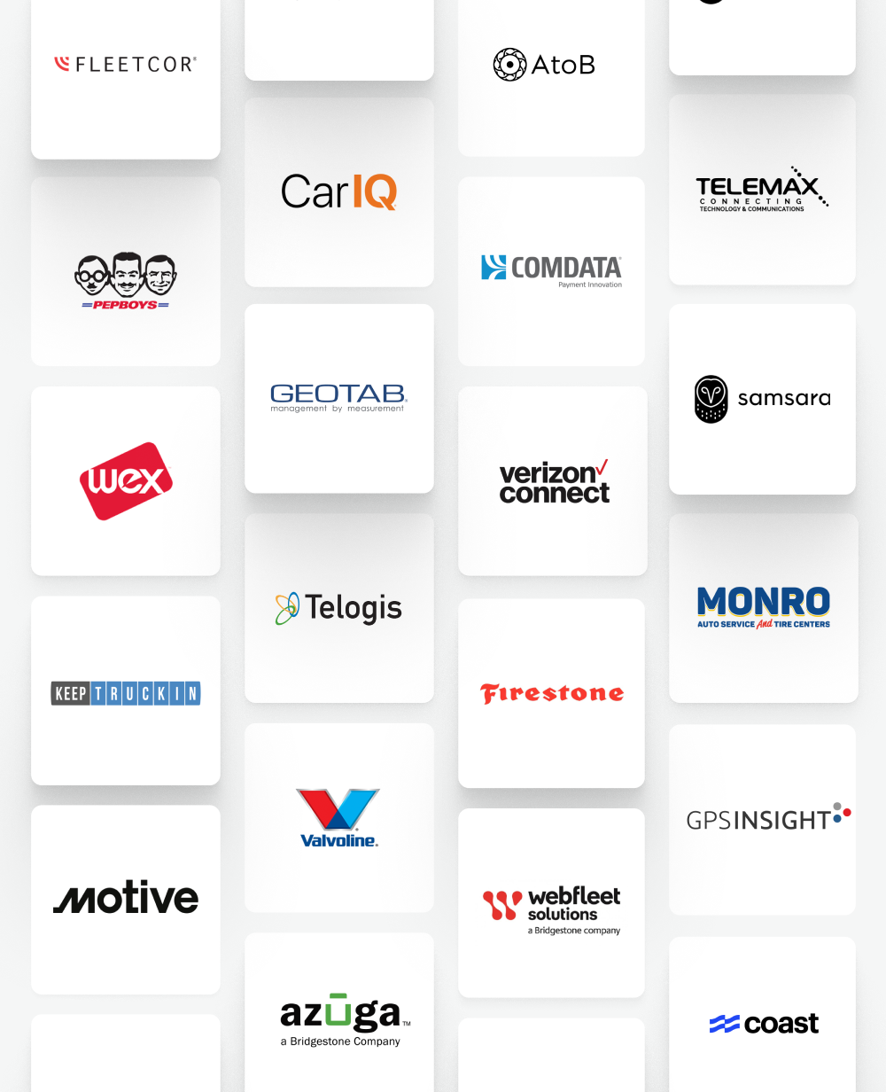 Examples of some of Fleetio's partners, including Fleetcor, CarIQ, AtoB, Pepboys, Comdata, telemax, WEX, Geotab, Verizon Connect, Samsara, Telogis, Firestone, Monro, Keep Truckin, Valvoline, Motive, Webfleet Solutions, GPS Insight, Azuga, and Coast.