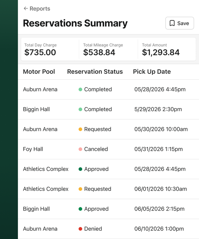 Motor pool reservation summary screen in Fleetio