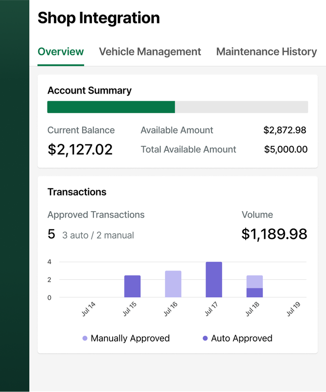Example of shop transaction reports in Fleetio's Maintenance Provider Network