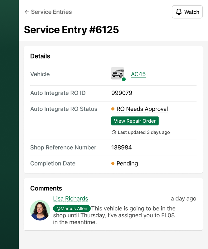 Example of a service entry in Fleetio