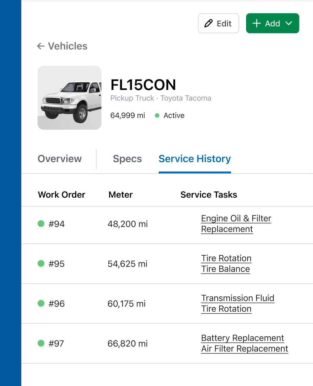 Example of a service entry in Fleetio