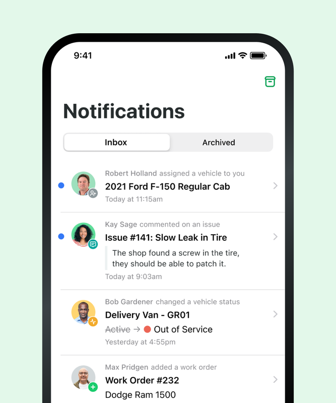 Example of notifications in Fleetio