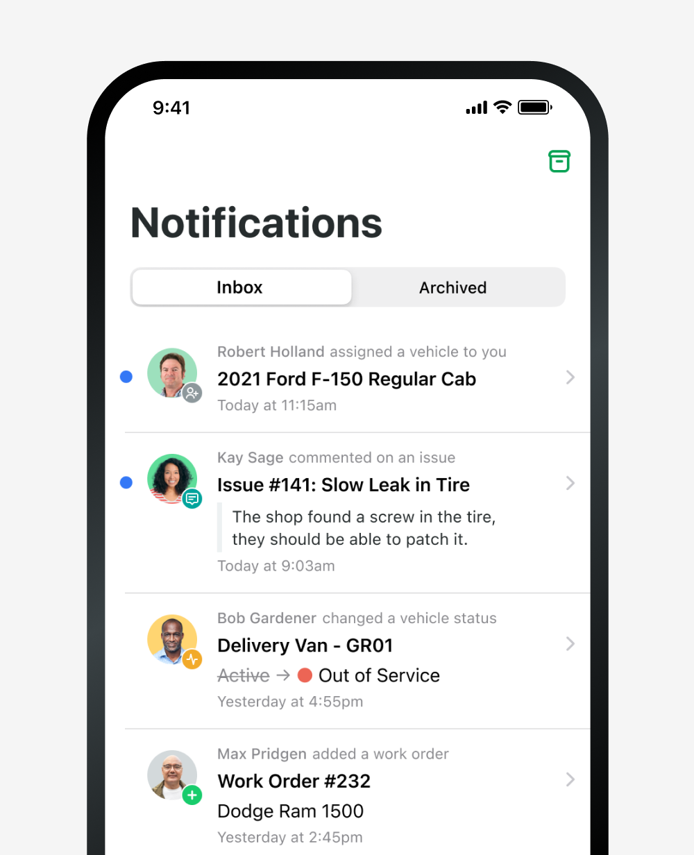 Example of notifications in Fleetio