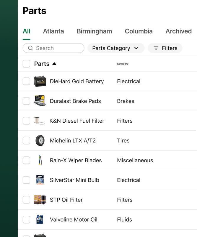 Example of the Parts list in Fleetio