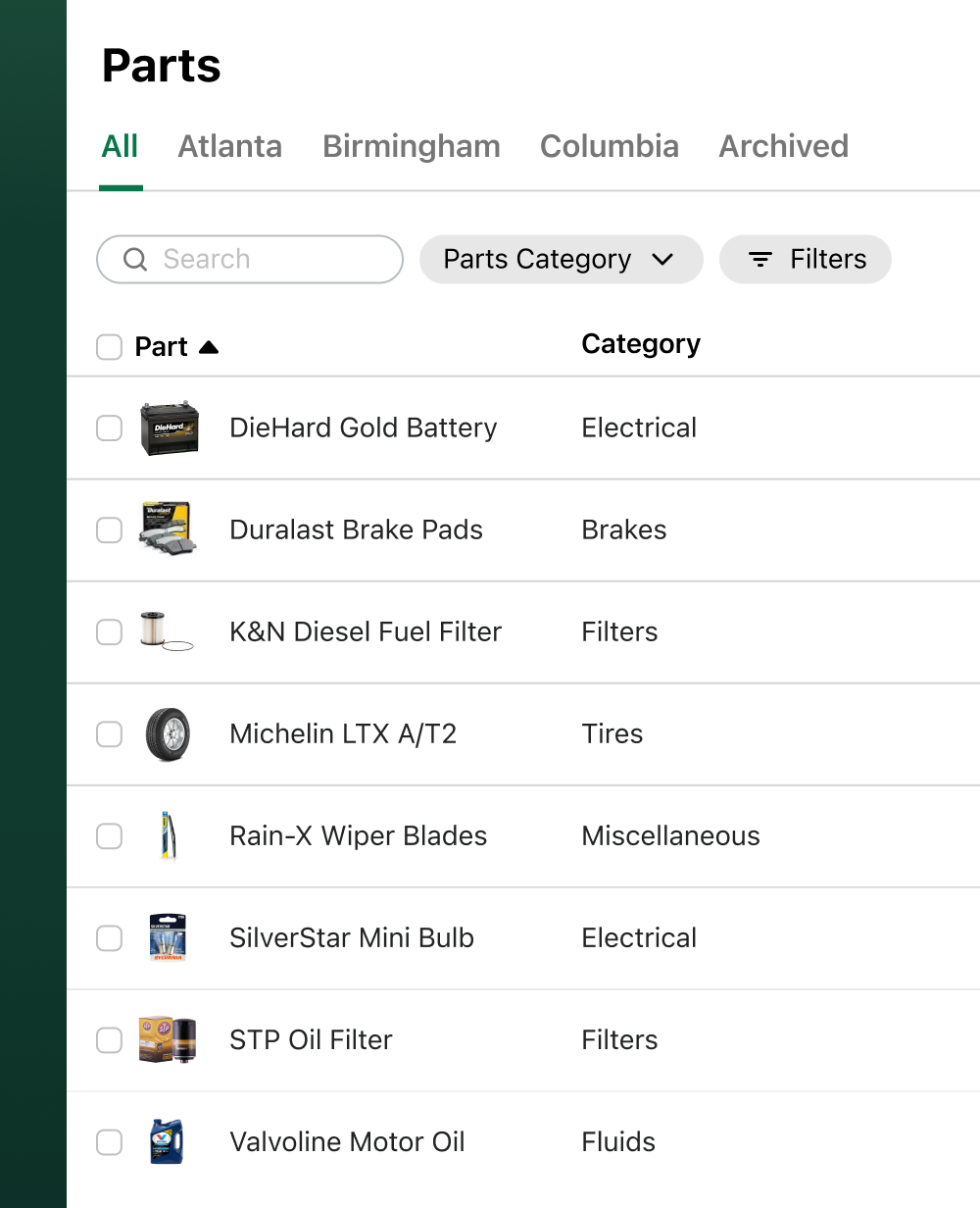 Example of the Parts list in Fleetio