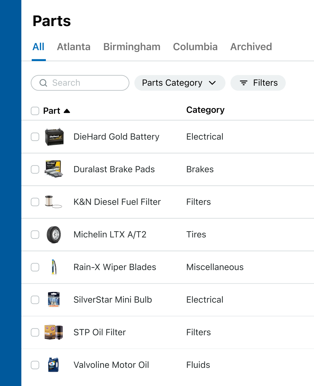 Example of parts inventory list in Fleetio