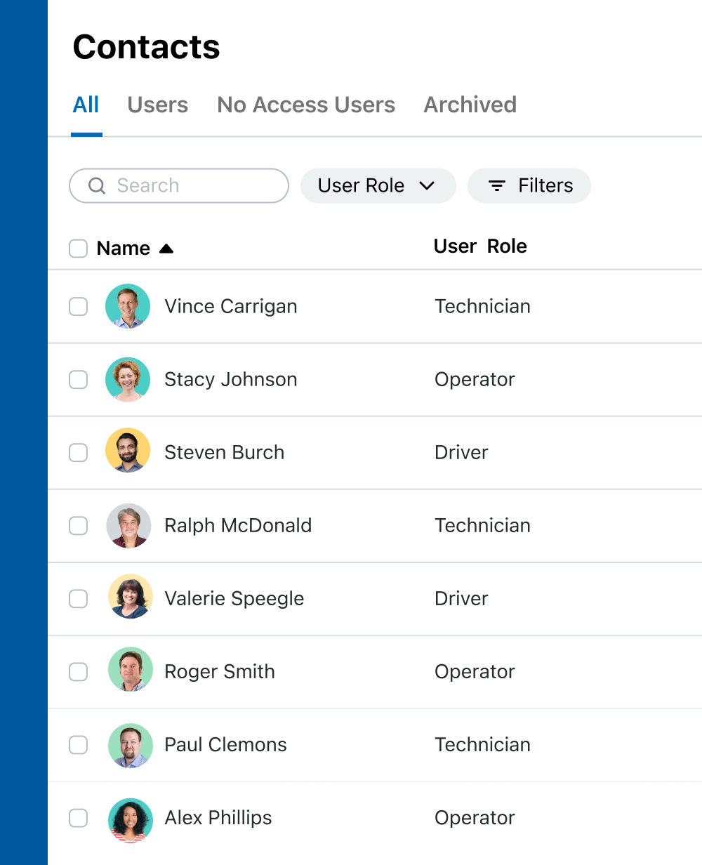 Example of the Contacts list in Fleetio