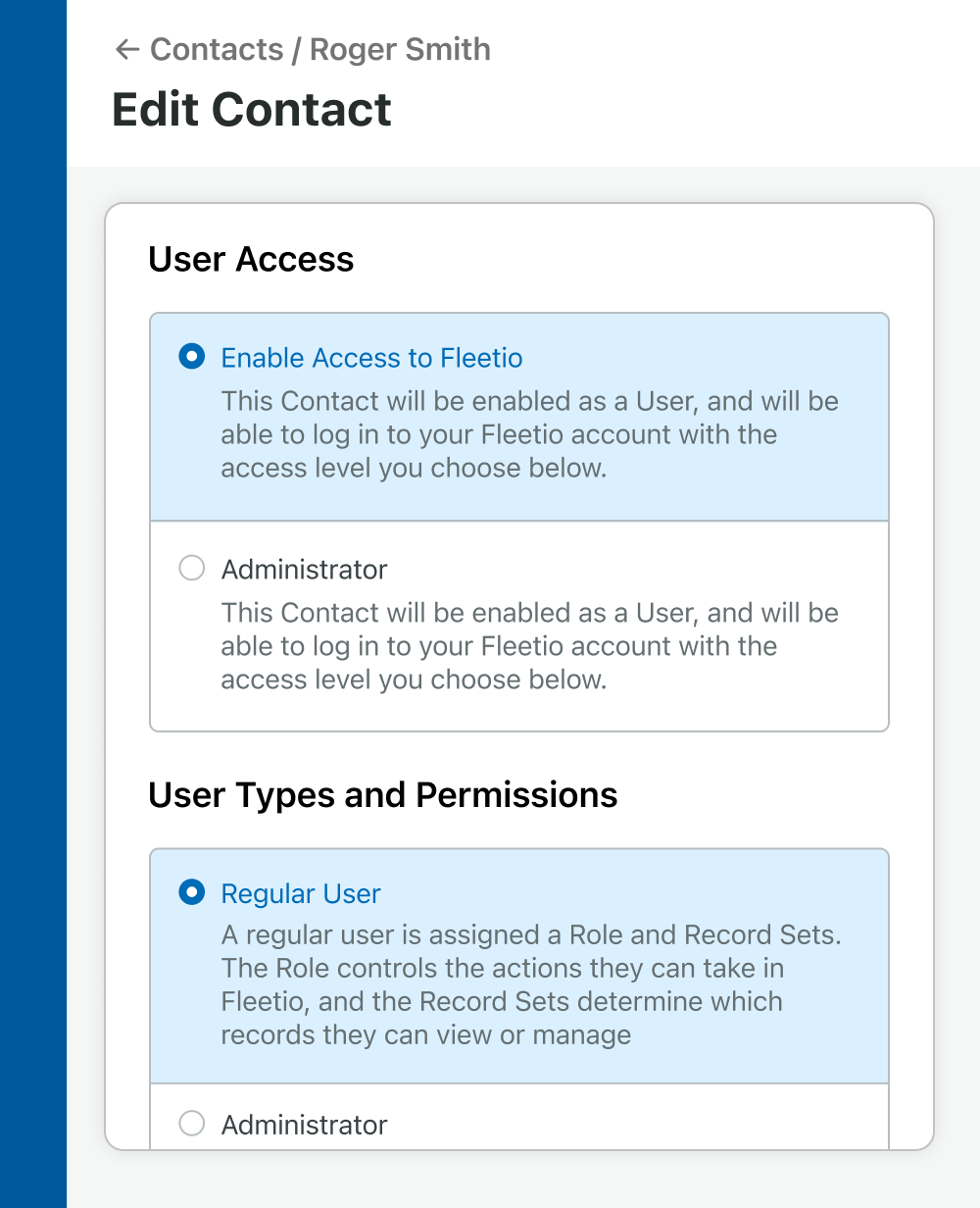 Example of a contact record in Fleetio