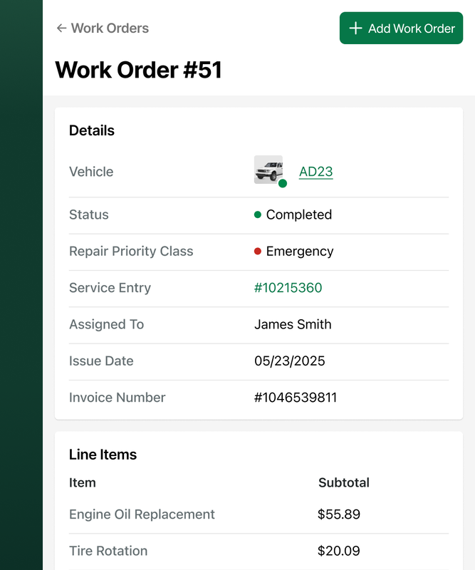 Example of a work order in Fleetio