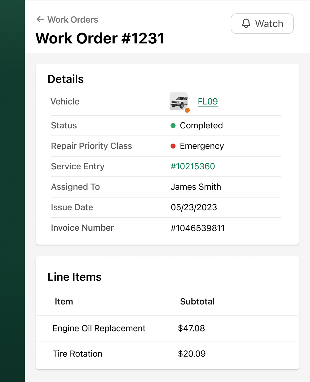 Example of a work order in Fleetio