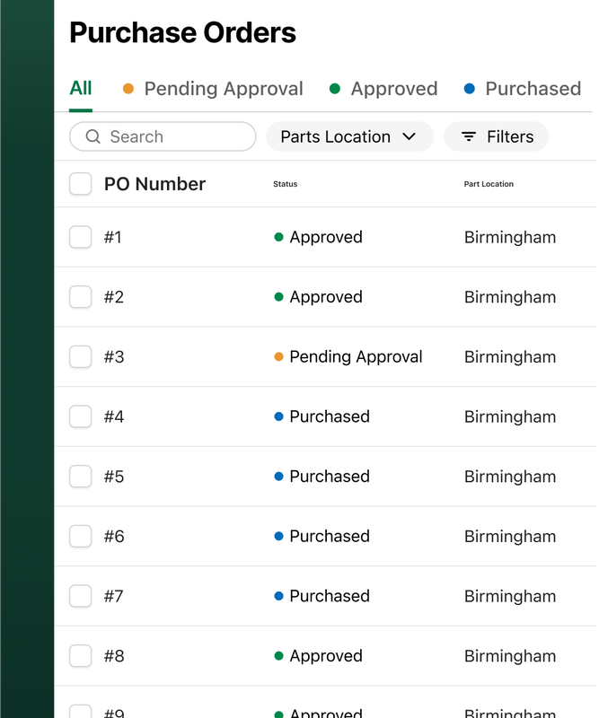 Example of a list of purchase orders in Fleetio.