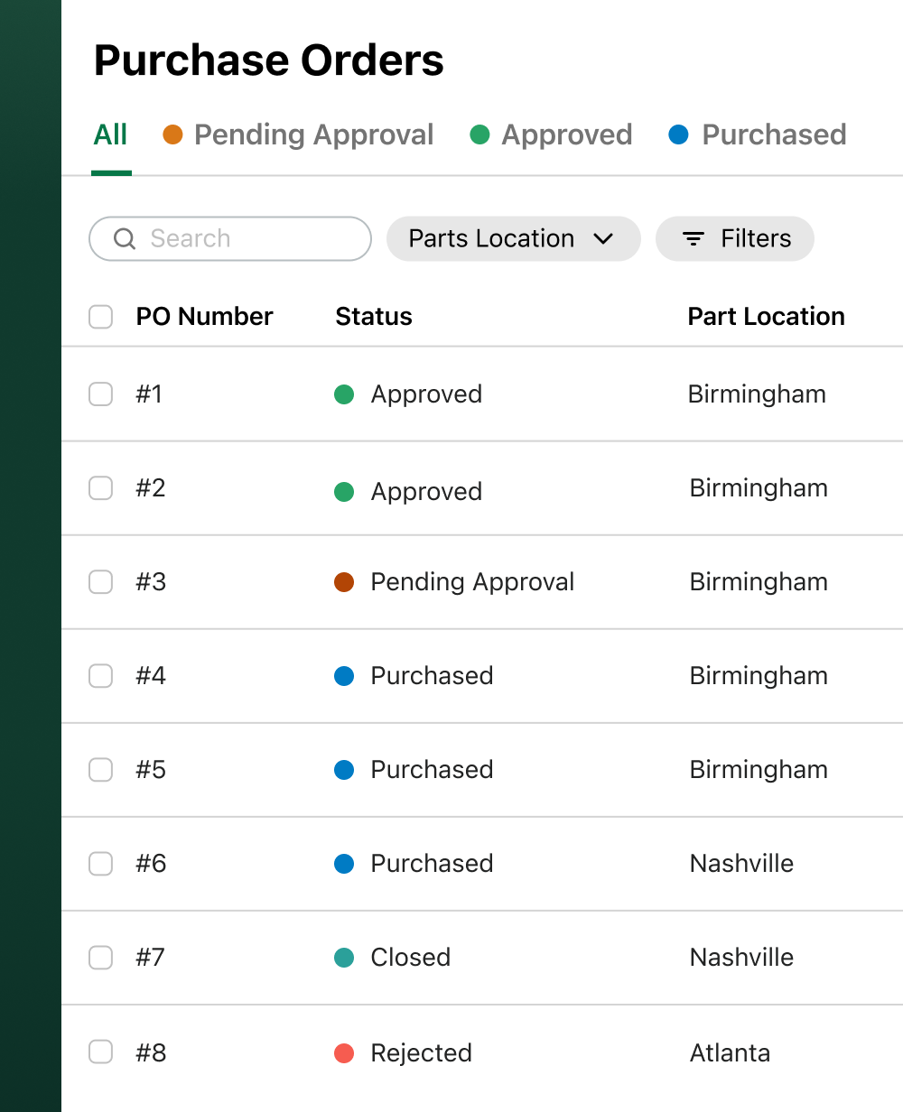Example of a list of purchase orders in Fleetio.