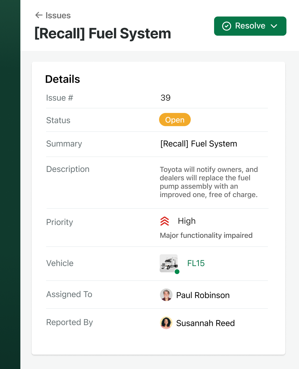 Example of a Recall Fuel System issue in Fleetio