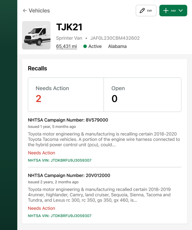 Example of open vehicle recalls in Fleetio