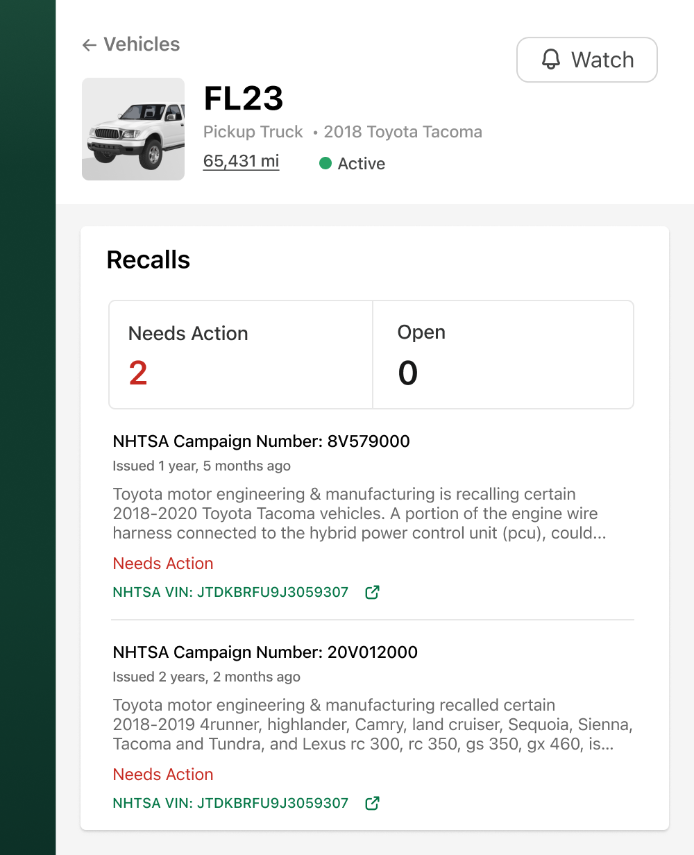 Example of open vehicle recalls in Fleetio
