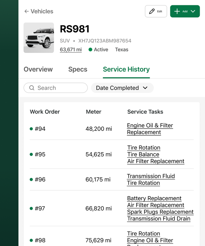 Example of vehicle service history in Fleetio