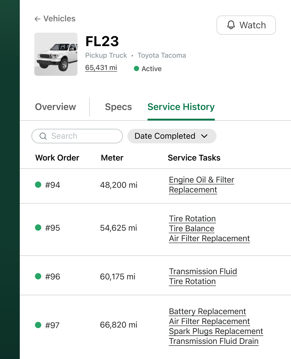 Example of vehicle service history in Fleetio