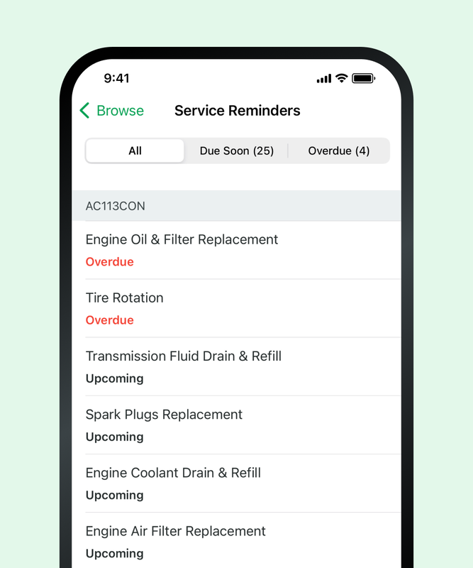 Example of the Service Reminders list in Fleetio on a mobile device.