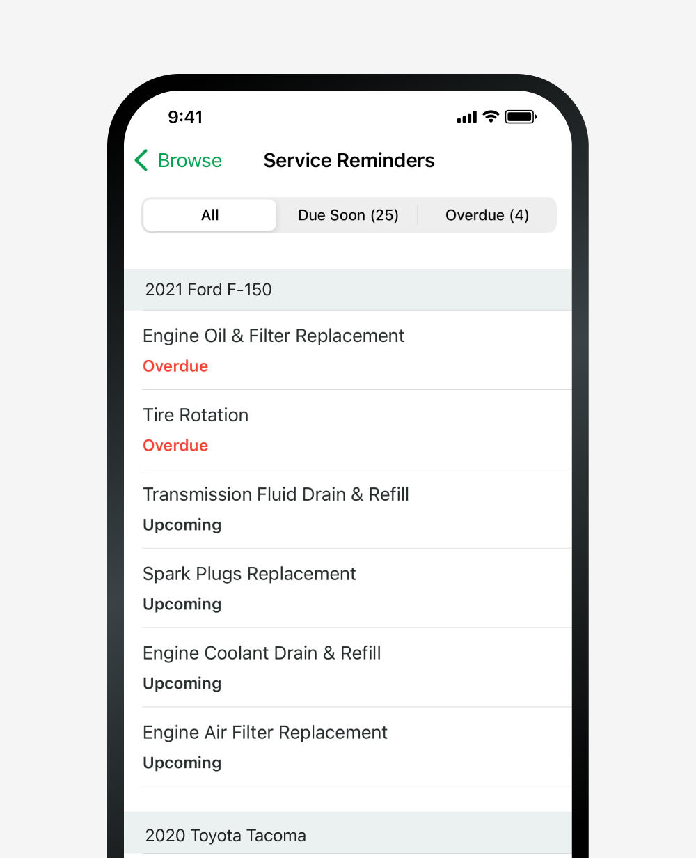 Example of the Service Reminders list in Fleetio on a mobile device.