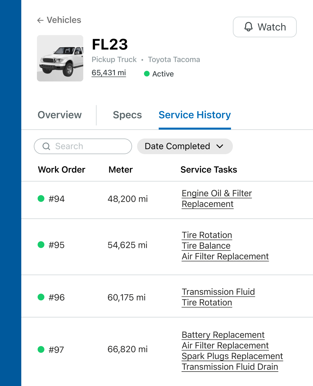 Example of vehicle service history in Fleetio