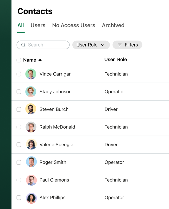 Example of the Contacts list in Fleetio