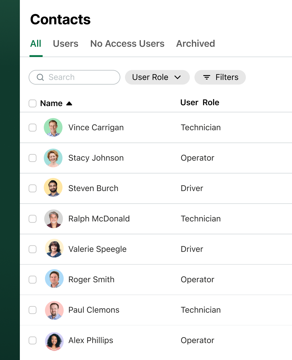 Example of the Contacts list in Fleetio
