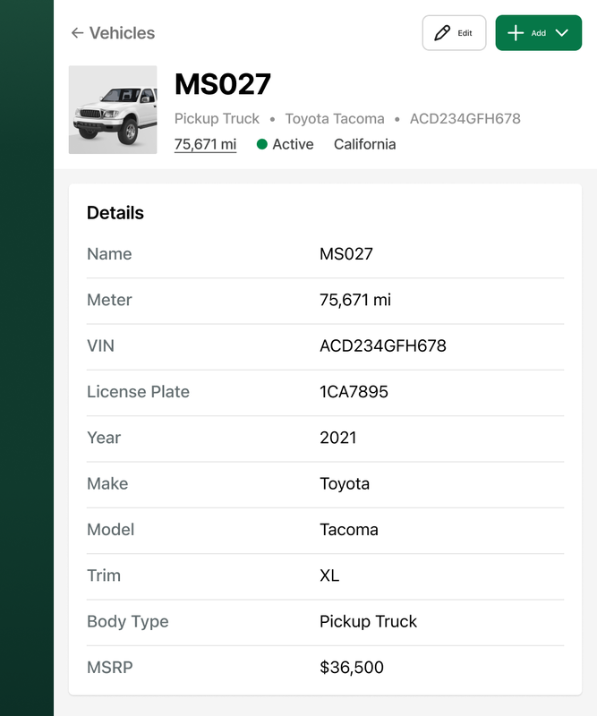 Example of vehicle specs in Fleetio