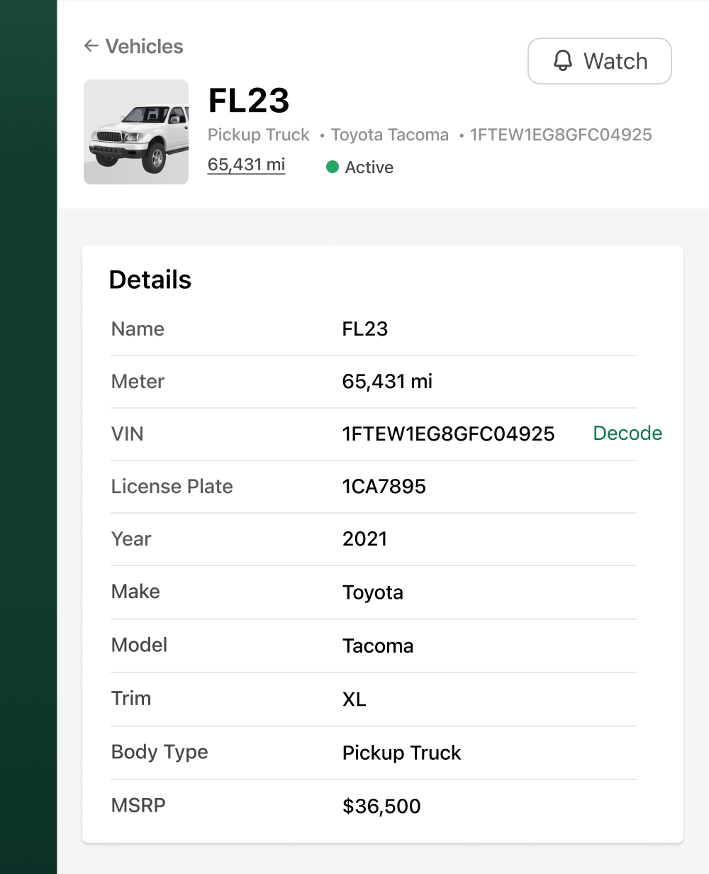Example of vehicle specs in Fleetio