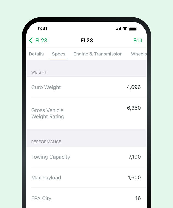 Example of vehicle specs using Fleetio's mobile app