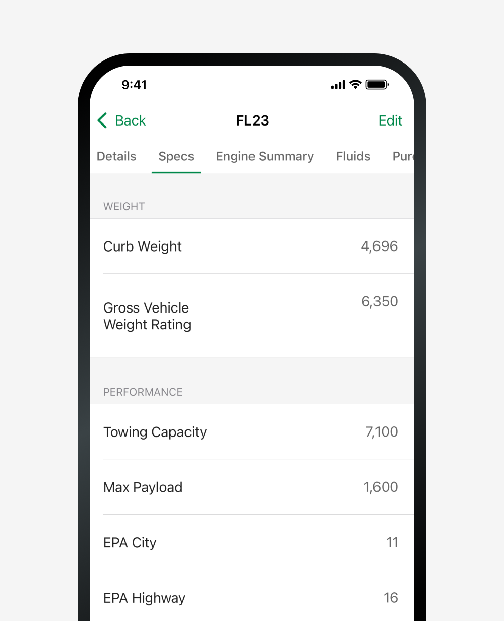 Example of vehicle specs using Fleetio's mobile app