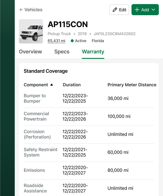 Example of a standard warranties on a vehicle in Fleetio
