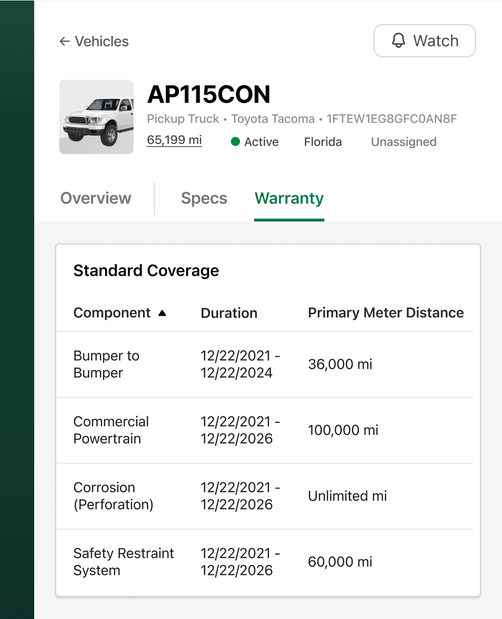 Example of a standard warranties on a vehicle in Fleetio